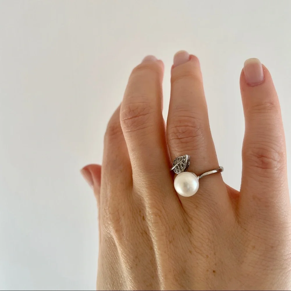 🪙 NIB Adjustable‎ AUTHENTIC THAI PEARL & Silver Leaf Ring
